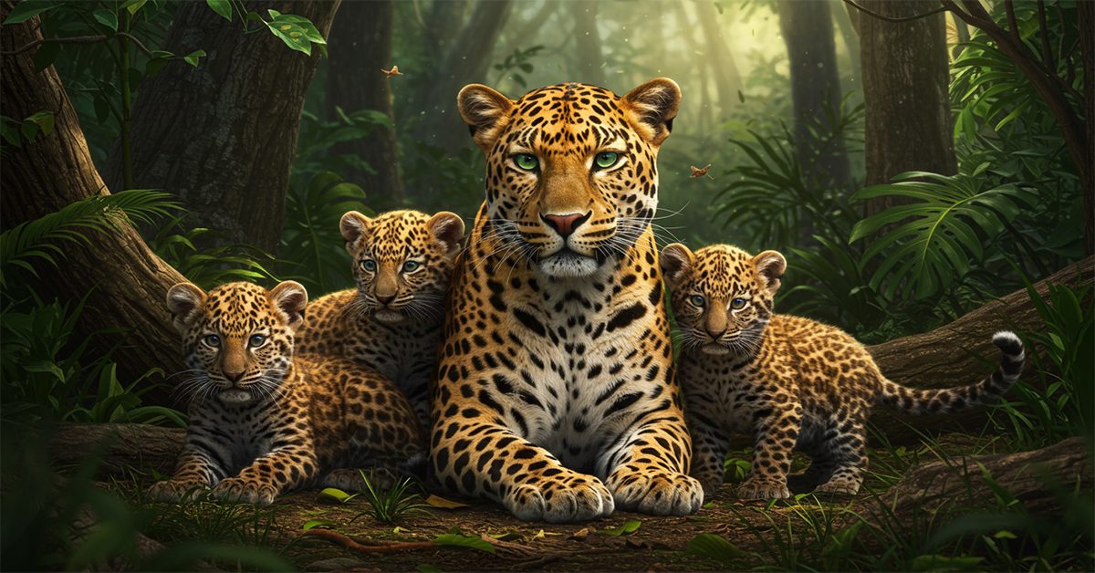Female leopard with her 3 cubs.