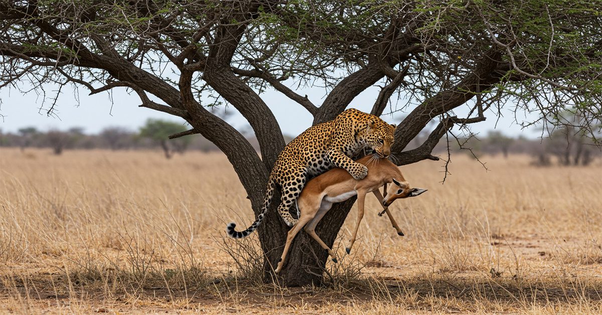Leopard dragging an antelope into the acacia tree