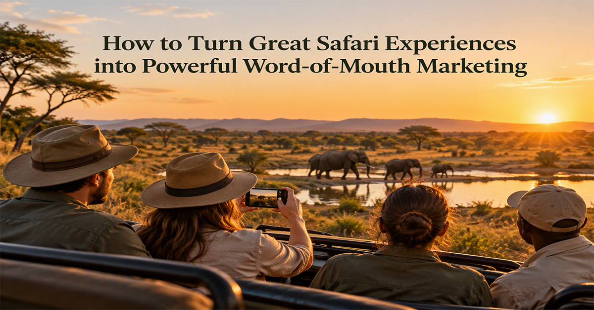 Create a high-quality cover image for the article with the title 'How to Turn Great Safari Experiences into Powerful Word-of-Mouth Marketing' - width 1200px and height 628px, no other text other than title